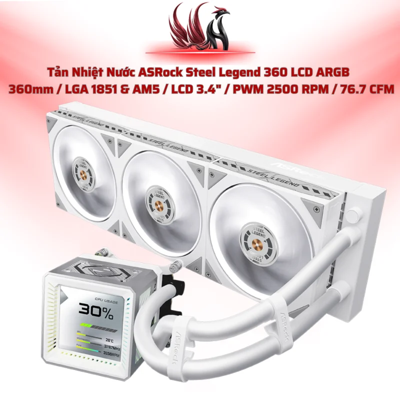 Tản Nhiệt Nước ASRock Steel Legend 360 LCD ARGB – AIO 360mm Màn Hình LCD Cao Cấp | HOCO STORE PC