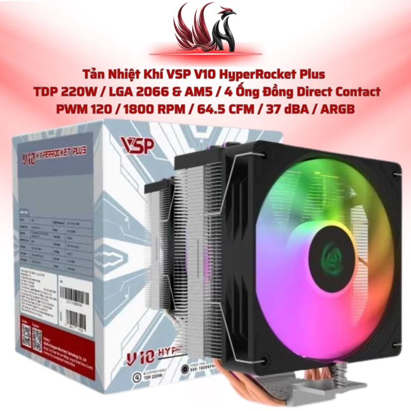Tản Nhiệt Khí VSP V10 HyperRocket Plus ARGB Black – 4 Heatpipes, TDP 220W Cho Gaming PC | HOCO STORE PC