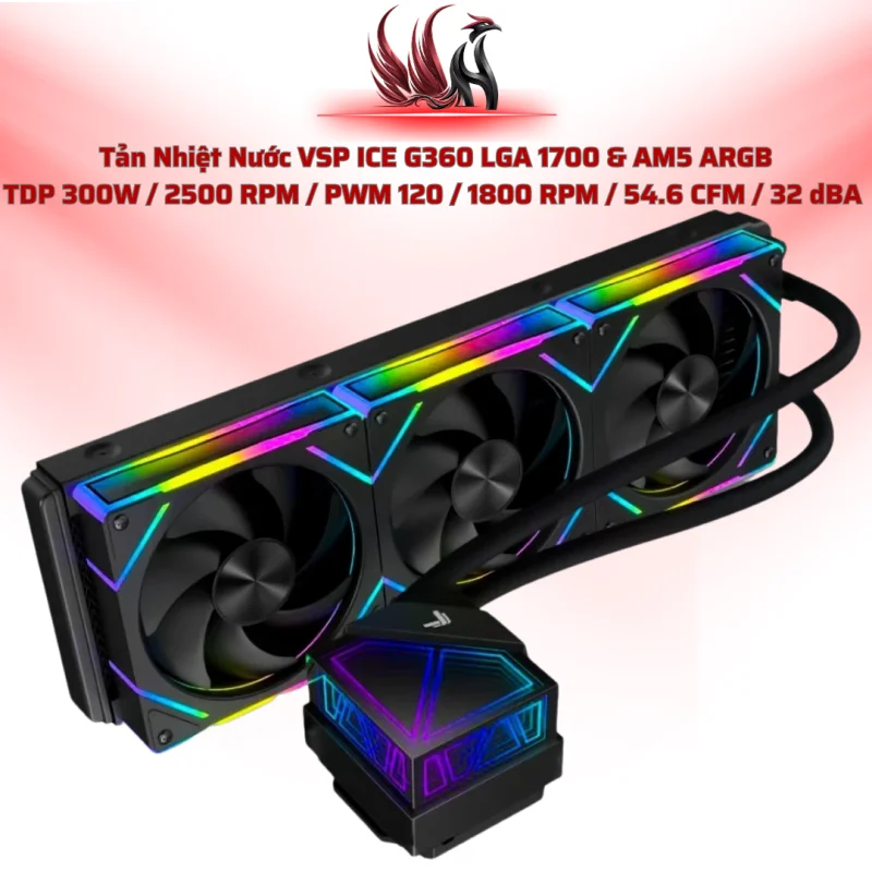 Tản Nhiệt Nước VSP ICE G360 LGA 1700 & AM5 ARGB TDP 300W / 2500 RPM / PWM 120 / 1800 RPM / 54.6 CFM / 32 dBA  | HOCO STORE PC| HOCO STORE PC