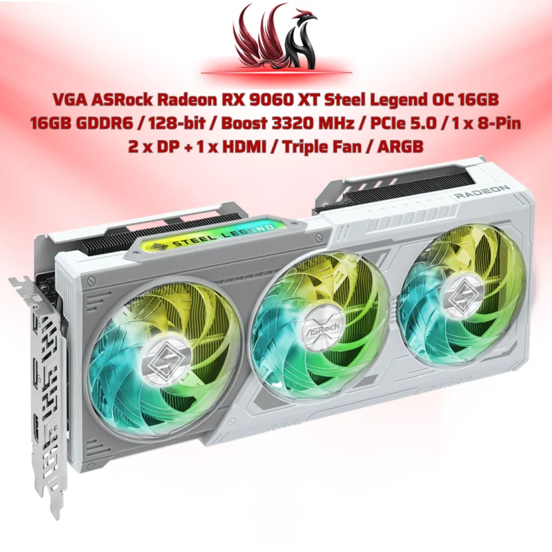 VGA ASRock Radeon RX 9060 XT Steel Legend OC 16GB  16GB GDDR6 / 128-bit / Boost 3320 MHz / PCIe 5.0 / 1 x 8-Pin  2 x DP + 1 x HDMI / Triple Fan / ARGB | HOCO STORE PC