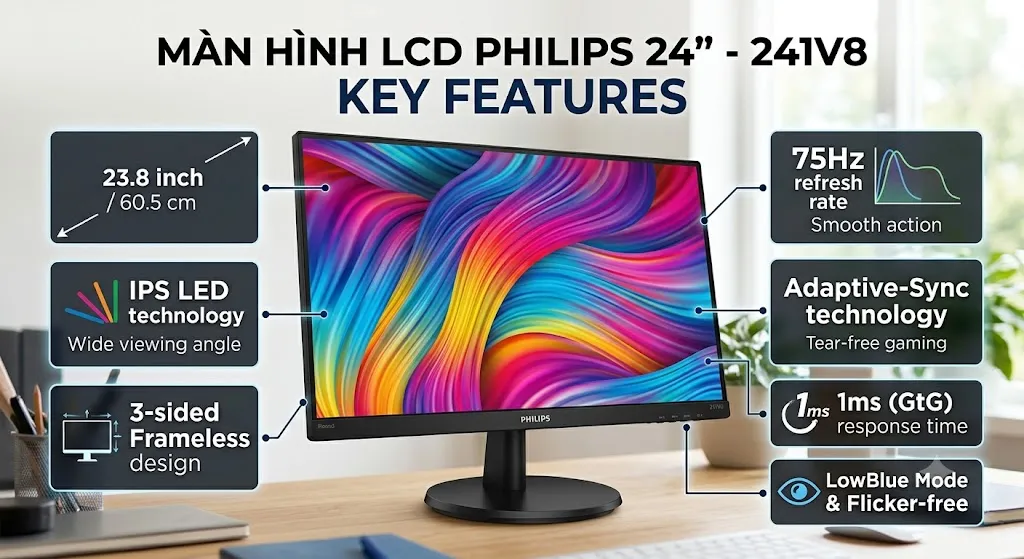 Màn Hình LCD Philips 24 Inch 241V8 IPS 75Hz Full HD