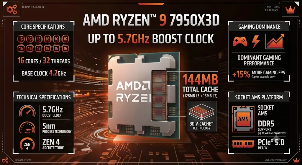 CPU AMD Ryzen 9 7950X3D Up To 5.7GHz 16 Nhân 32 Luồng
