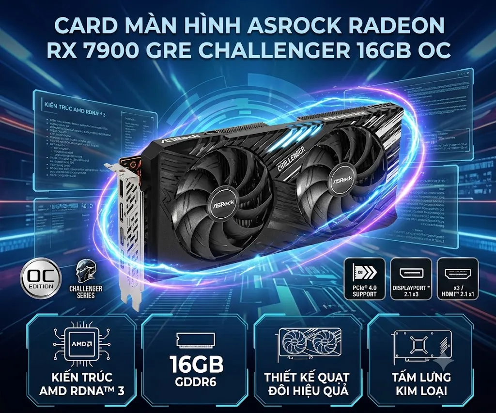 Card Màn Hình ASRock Radeon RX 7900 GRE Challenger 16GB OC