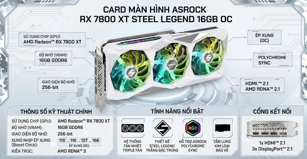Card Màn Hình ASRock Radeon RX 7800 XT Steel Legend 16GB OC