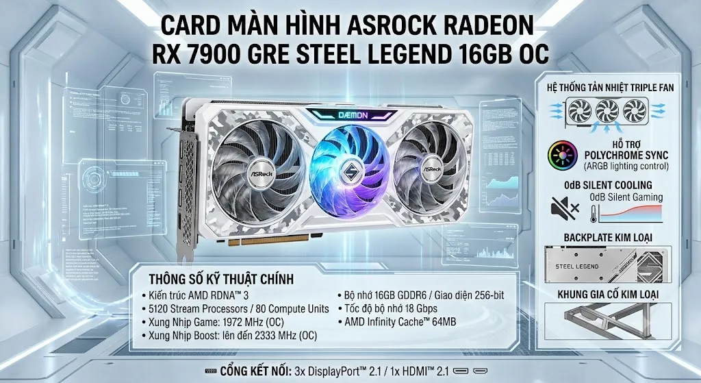 Card Màn Hình ASRock Radeon RX 7900 GRE Steel Legend 16GB OC