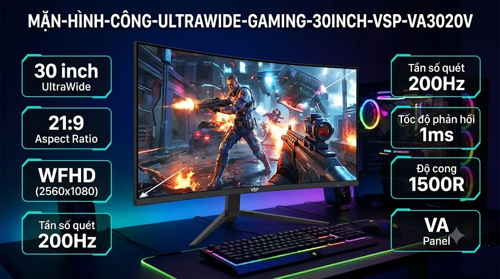 Màn Hình Cong Ultrawide Gaming 30 Inch VSP VA3020V 200Hz