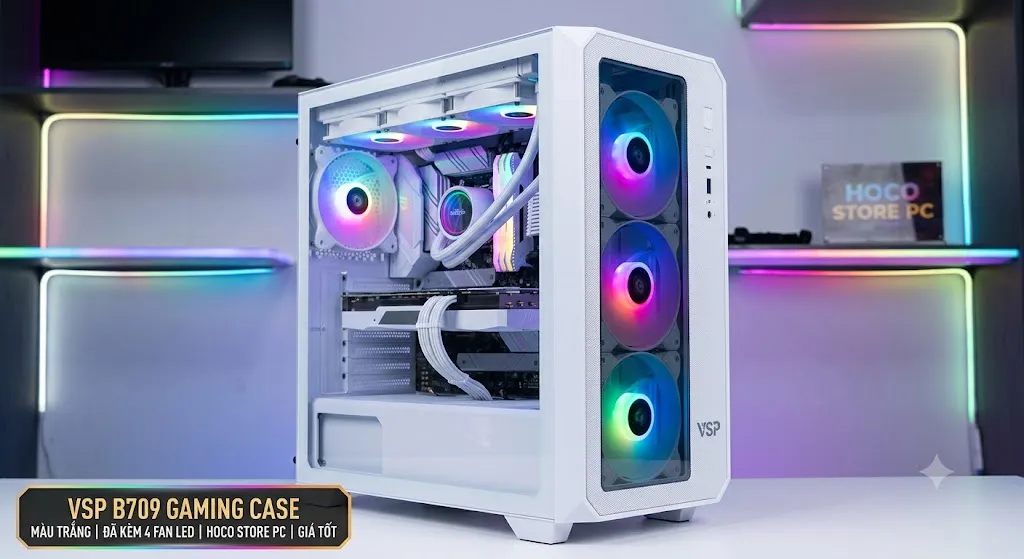 Vỏ Case Gaming VSP B709 Trắng Kèm 4 Fan LED