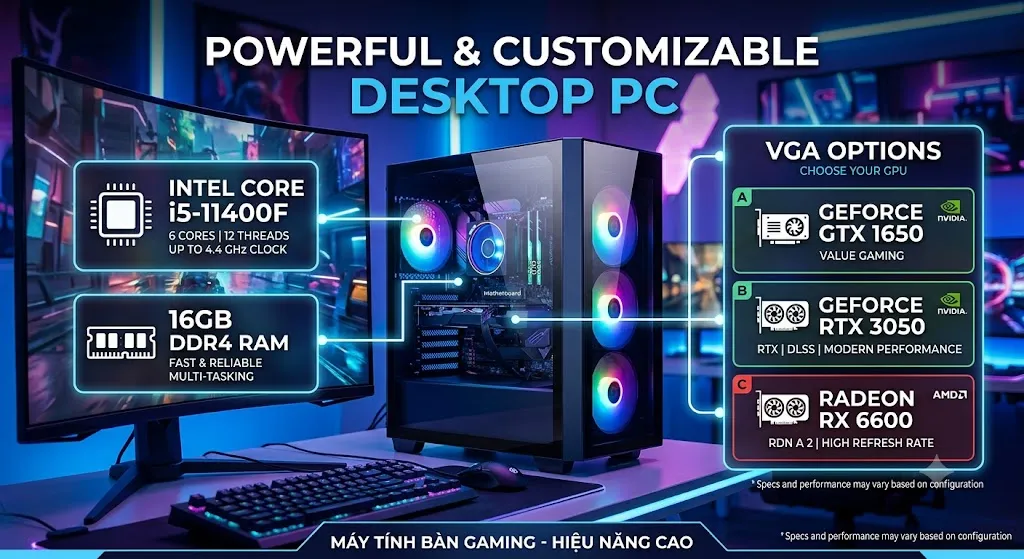 Máy Tính Bàn i5-11400F 16GB RAM VGA GTX 1650 RTX 3050 RX 6600