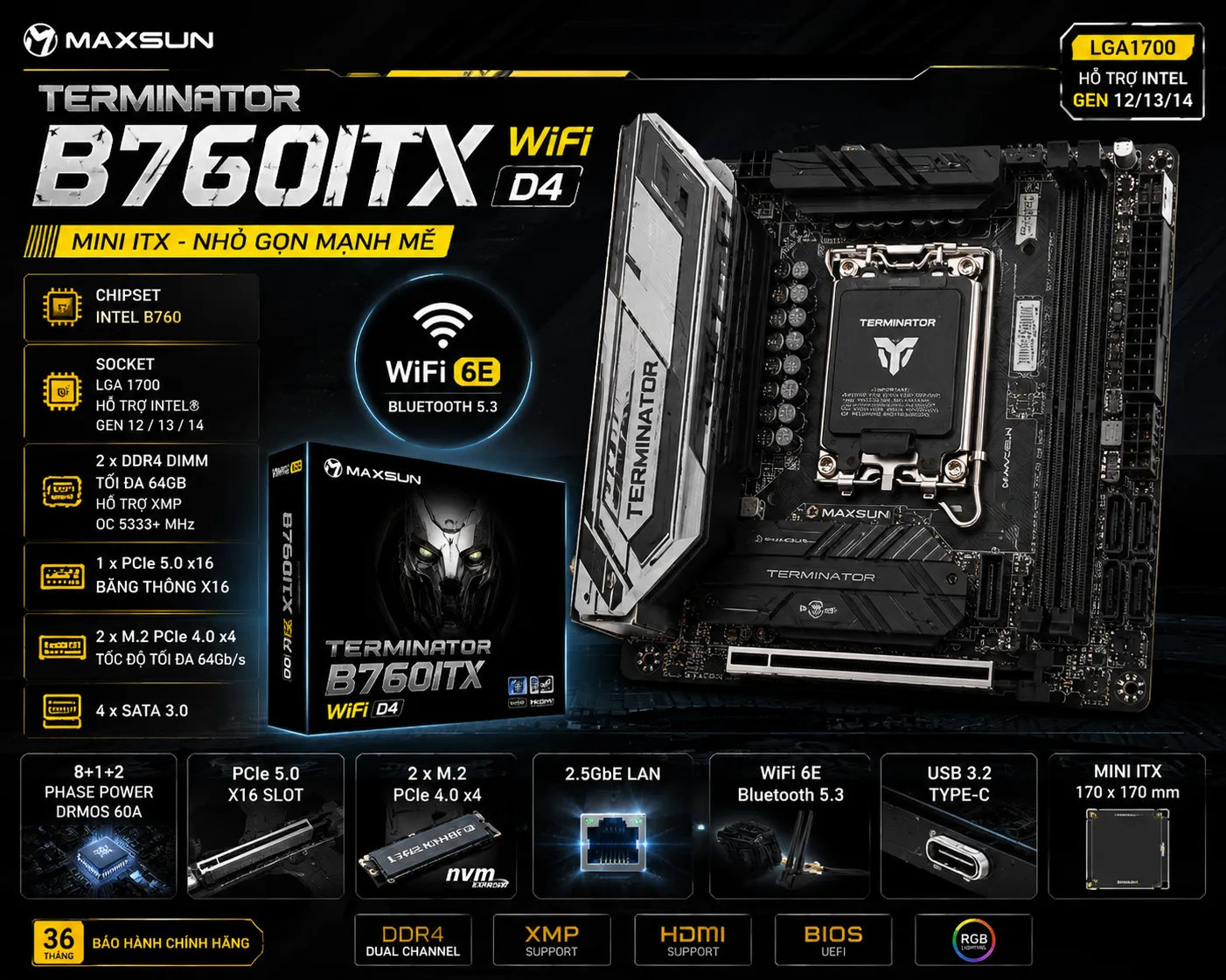 Bo Mạch Chủ MAXSUN Terminator B760ITX WiFi D4