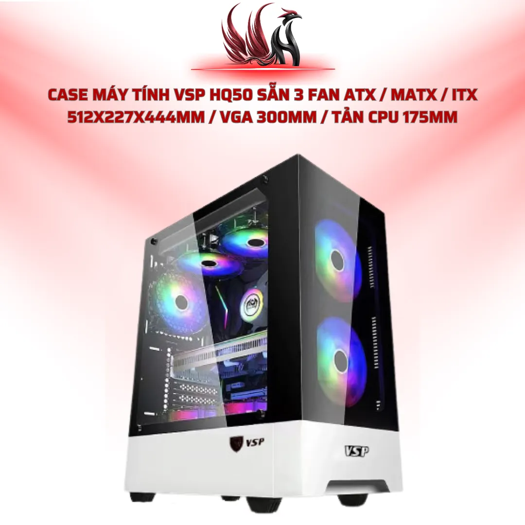 Case Máy Tính VSP HQ50 Sẵn 3 Fan ATX / MATX / ITX 512x227x444mm / VGA 300mm / Tản CPU 175mm | HOCO STORE PC