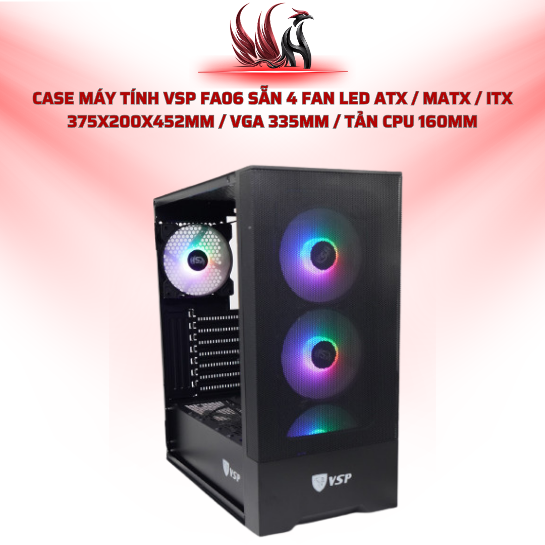 Case Máy Tính VSP FA06 Sẵn 4 Fan LED ATX / MATX / ITX 375x200x452mm / VGA 335mm / Tản CPU 160mm | HOCO STORE PC