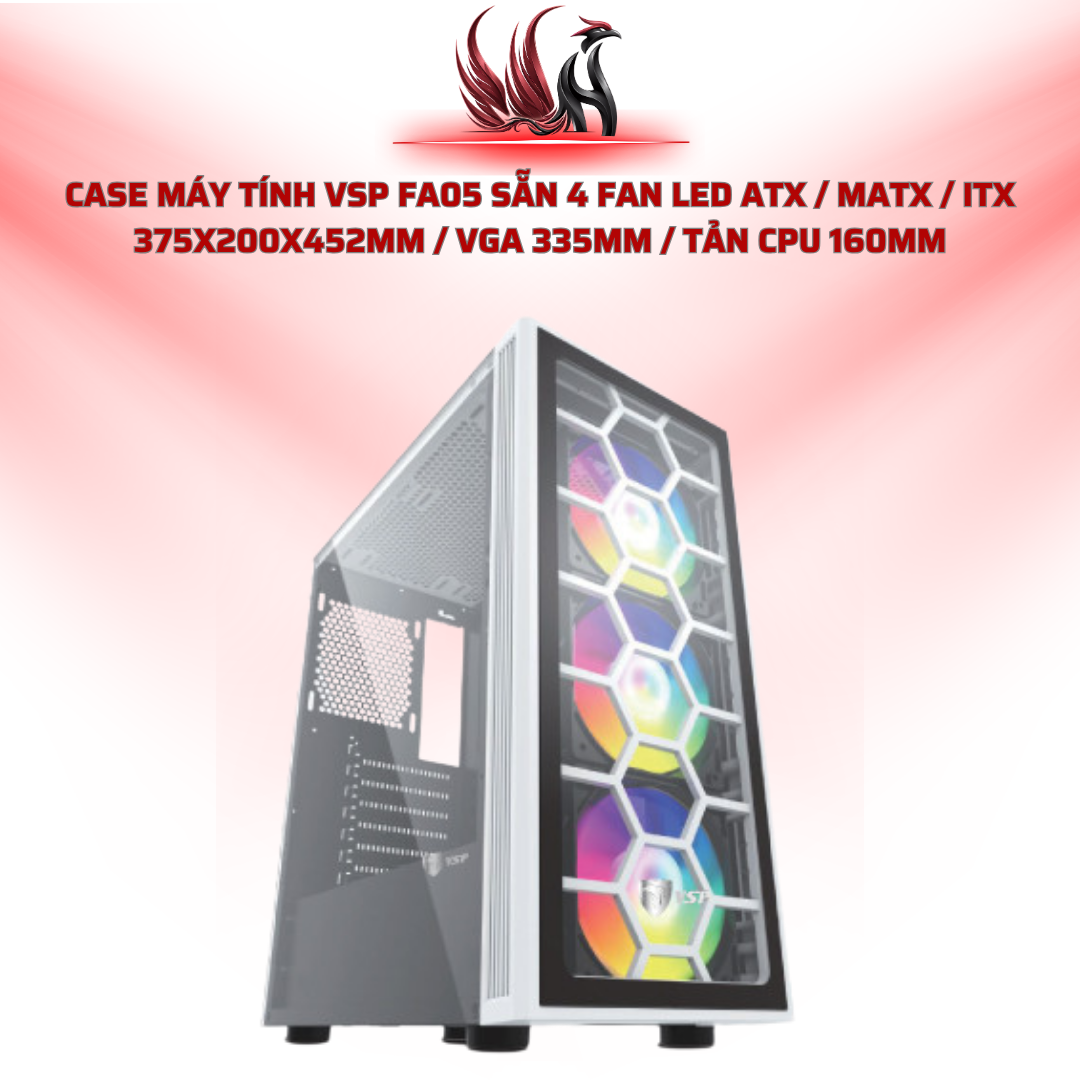 Case Máy Tính VSP FA05 Sẵn 4 Fan LED ATX / MATX / ITX 375x200x452mm / VGA 335mm / Tản CPU 160mm | HOCO STORE PC
