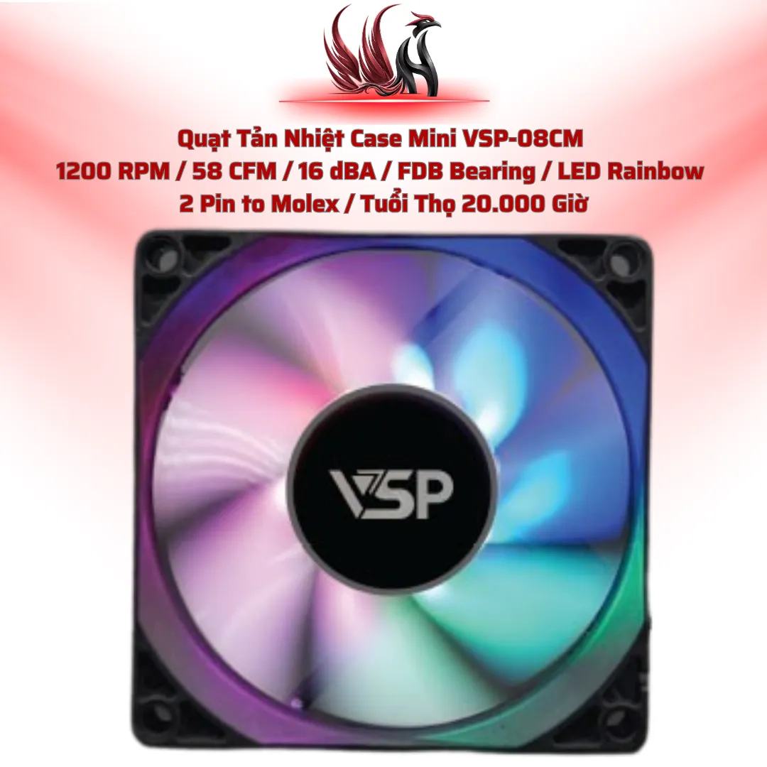 Quạt Tản Nhiệt Case Mini VSP-08CM  1200 RPM / 58 CFM / 16 dBA / FDB Bearing / LED Rainbow  2 Pin to Molex / Tuổi Thọ 20.000 Giờ | HOCO STORE PC