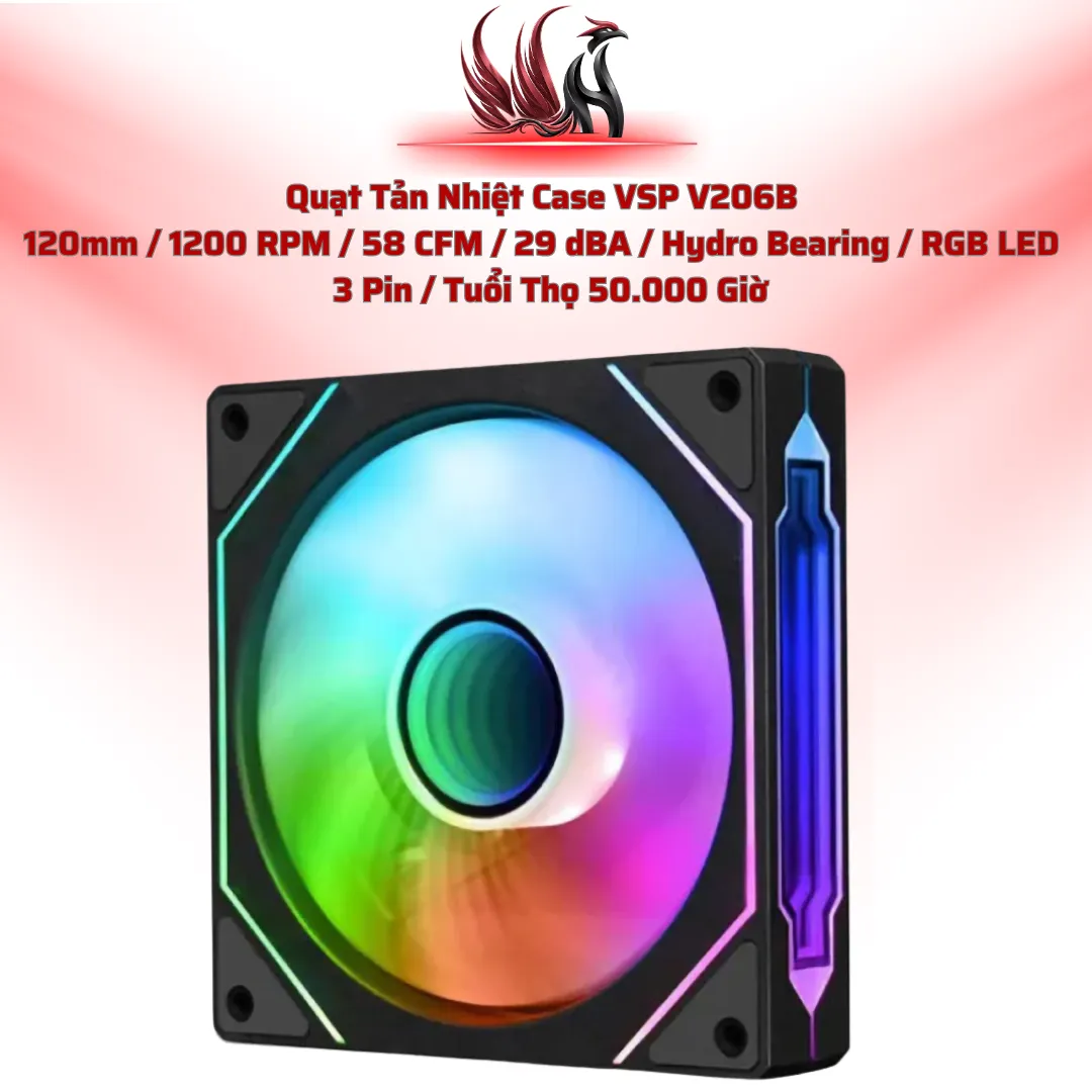 Quạt Tản Nhiệt Case VSP V206B  120mm / 1200 RPM / 58 CFM / 29 dBA / Hydro Bearing / RGB LED   3 Pin / Tuổi Thọ 50.000 Giờ | HOCO STORE PC