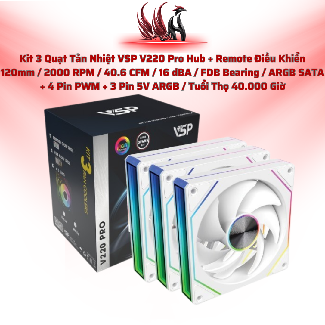 Kit 3 Quạt Tản Nhiệt VSP V220 Pro Hub + Remote Điều Khiển 120mm / 2000 RPM / 40.6 CFM / 16 dBA / FDB Bearing / ARGB SATA + 4 Pin PWM + 3 Pin 5V ARGB / Tuổi Thọ 40.000 Giờ | HOCO STORE PC