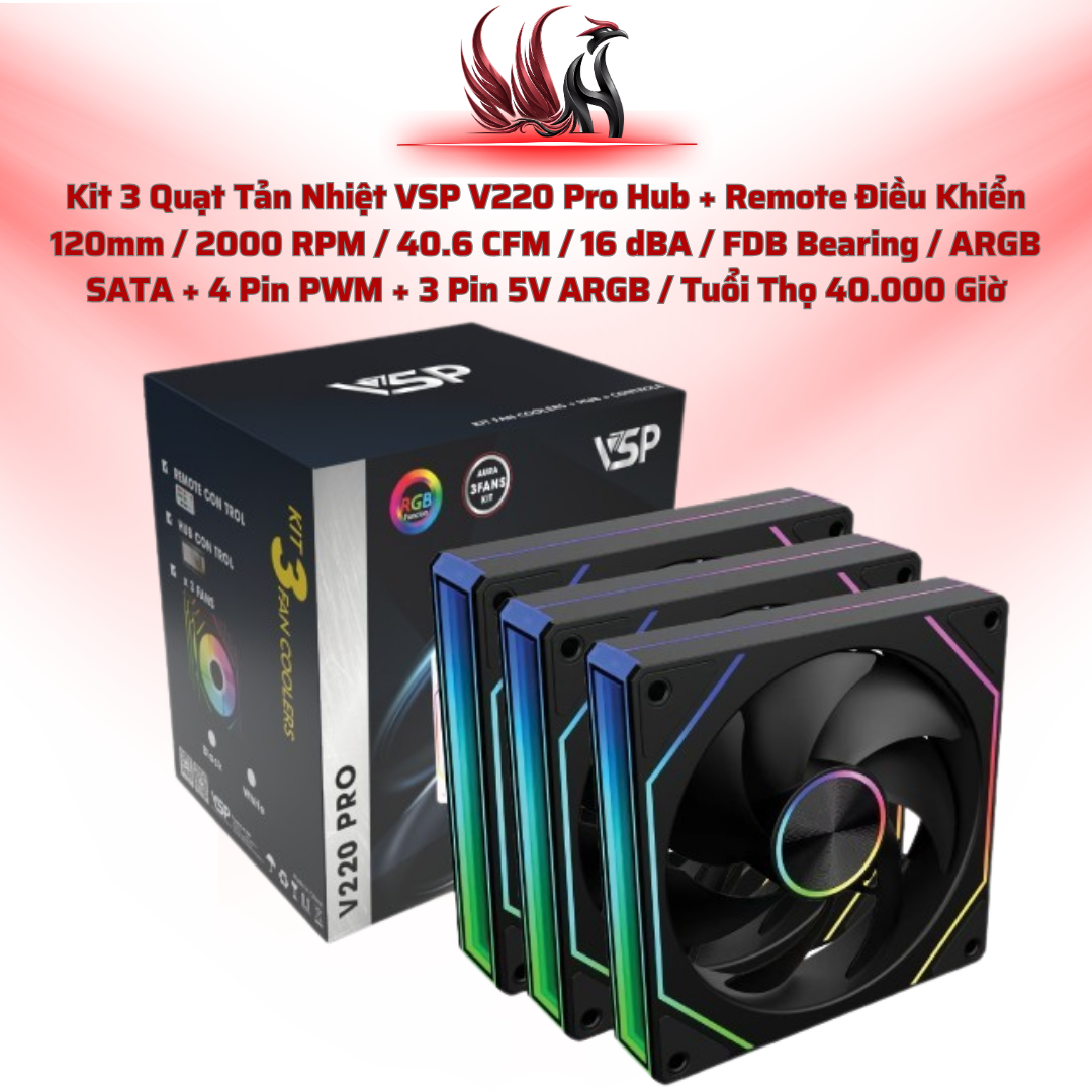 Kit 3 Quạt Tản Nhiệt VSP V220 Pro Hub + Remote Điều Khiển 120mm / 2000 RPM / 40.6 CFM / 16 dBA / FDB Bearing / ARGB SATA + 4 Pin PWM + 3 Pin 5V ARGB / Tuổi Thọ 40.000 Giờ | HOCO STORE PC