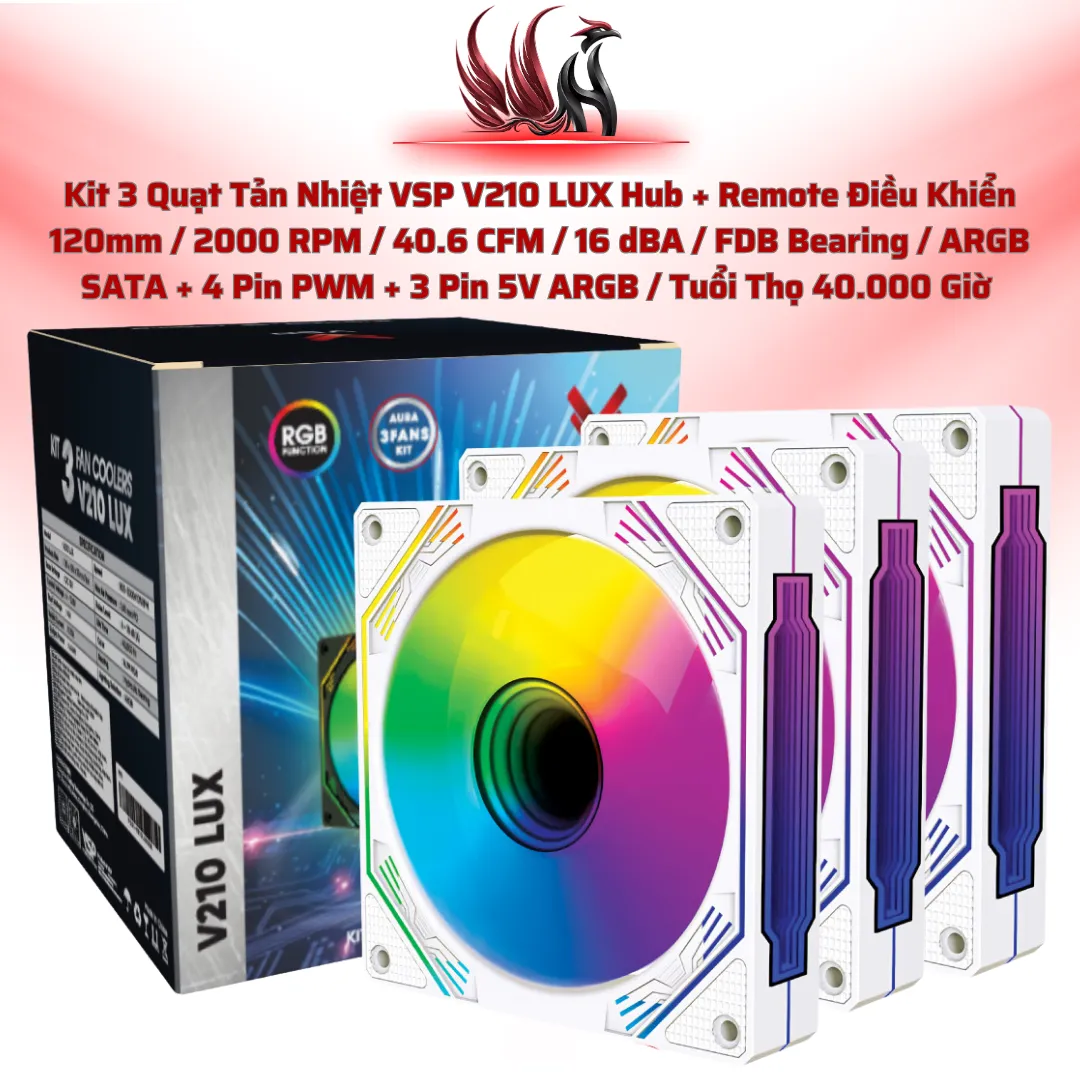 Kit 3 Quạt Tản Nhiệt VSP V210 LUX Hub + Remote Điều Khiển 120mm / 2000 RPM / 40.6 CFM / 16 dBA / FDB Bearing / ARGB   SATA + 4 Pin PWM + 3 Pin 5V ARGB / Tuổi Thọ 40.000 Giờ  | HOCO STORE PC