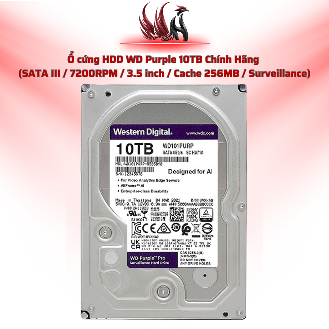 Ổ Cứng HDD WD Purple 10TB Chính Hãng – SATA III 3.5 inch Chuyên Camera Giám Sát 24/7 | HOCO STORE PC