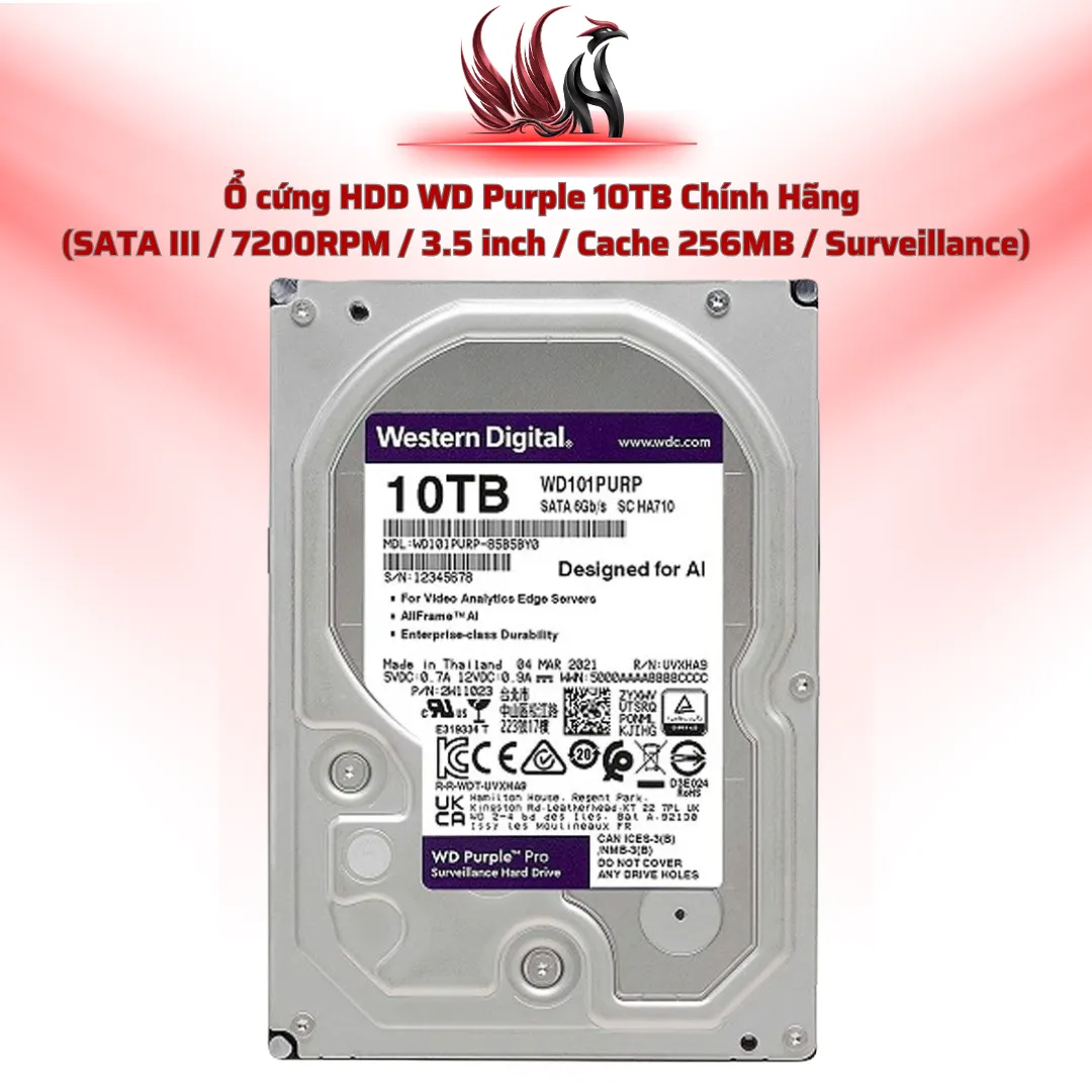 Ổ Cứng HDD WD Purple 10TB Chính Hãng – SATA III 3.5 inch Chuyên Camera Giám Sát 24/7 | HOCO STORE PC
