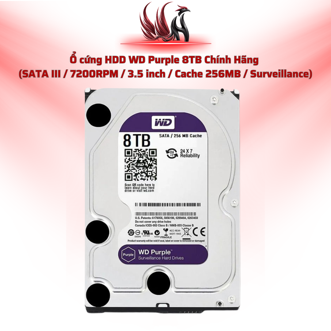 Ổ Cứng HDD WD Purple 8TB Chính Hãng – SATA III 3.5 inch Chuyên Camera Giám Sát 24/7| HOCO STORE PC