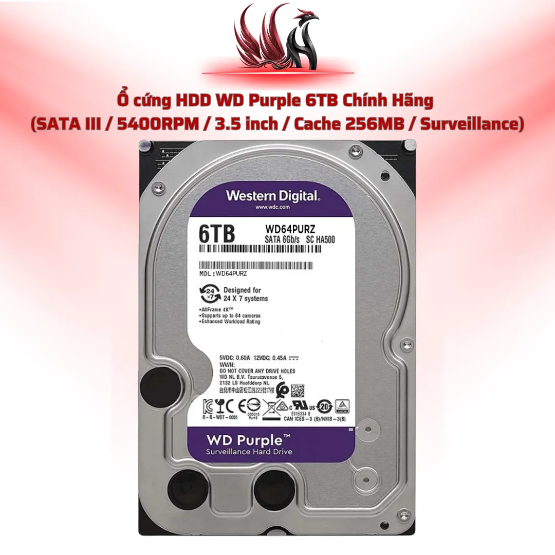 Ổ Cứng HDD WD Purple 6TB Chính Hãng – SATA III 3.5 inch Chuyên Camera Giám Sát 24/7 | HOCO STORE PC
