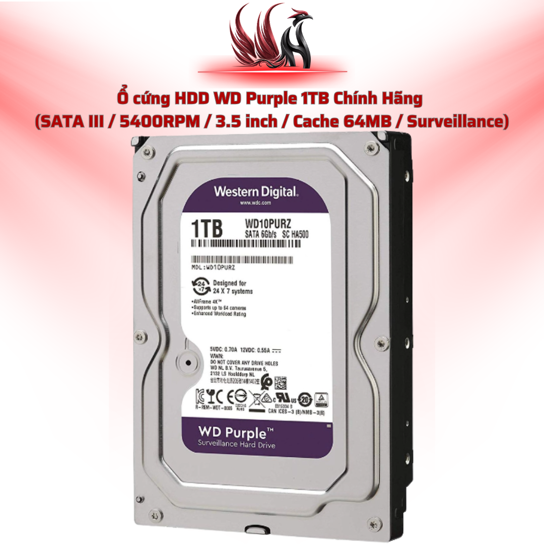 Ổ Cứng HDD WD Purple 1TB Chính Hãng – SATA III 3.5 inch Chuyên Camera Giám Sát 24/7 | HOCO STORE PC