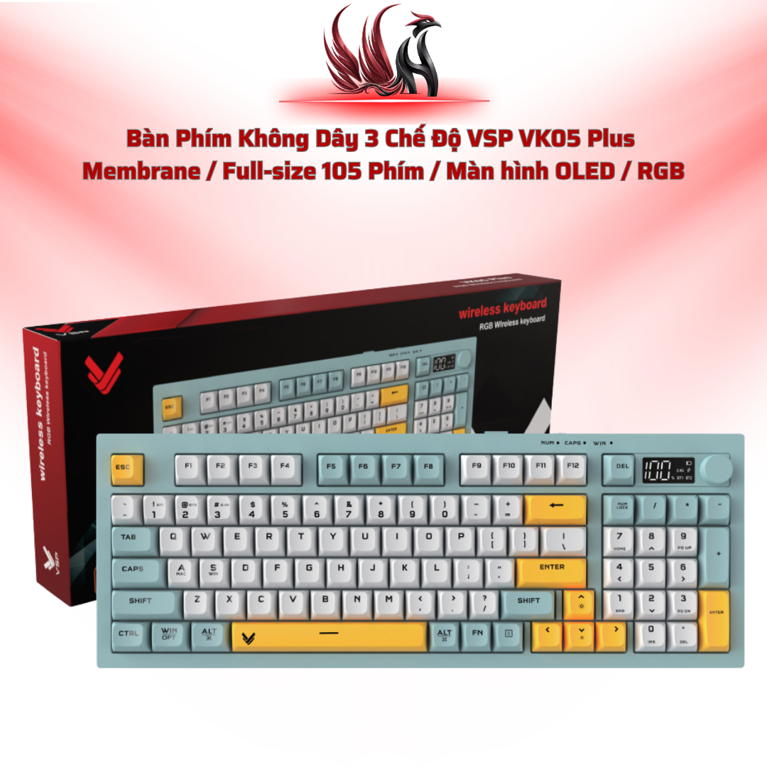 Bàn Phím Không Dây 3 Chế Độ VSP VK05 Plus  Membrane / Full-size 105 Phím / Màn hình OLED / RGB | HOCO STORE PC