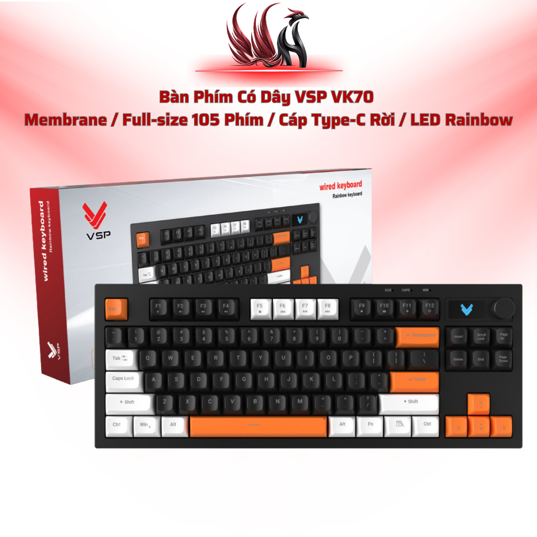 Bàn Phím Có Dây VSP VK70  Membrane / Full-size 105 Phím / Cáp Type-C Rời / LED Rainbow | HOCO STORE PC