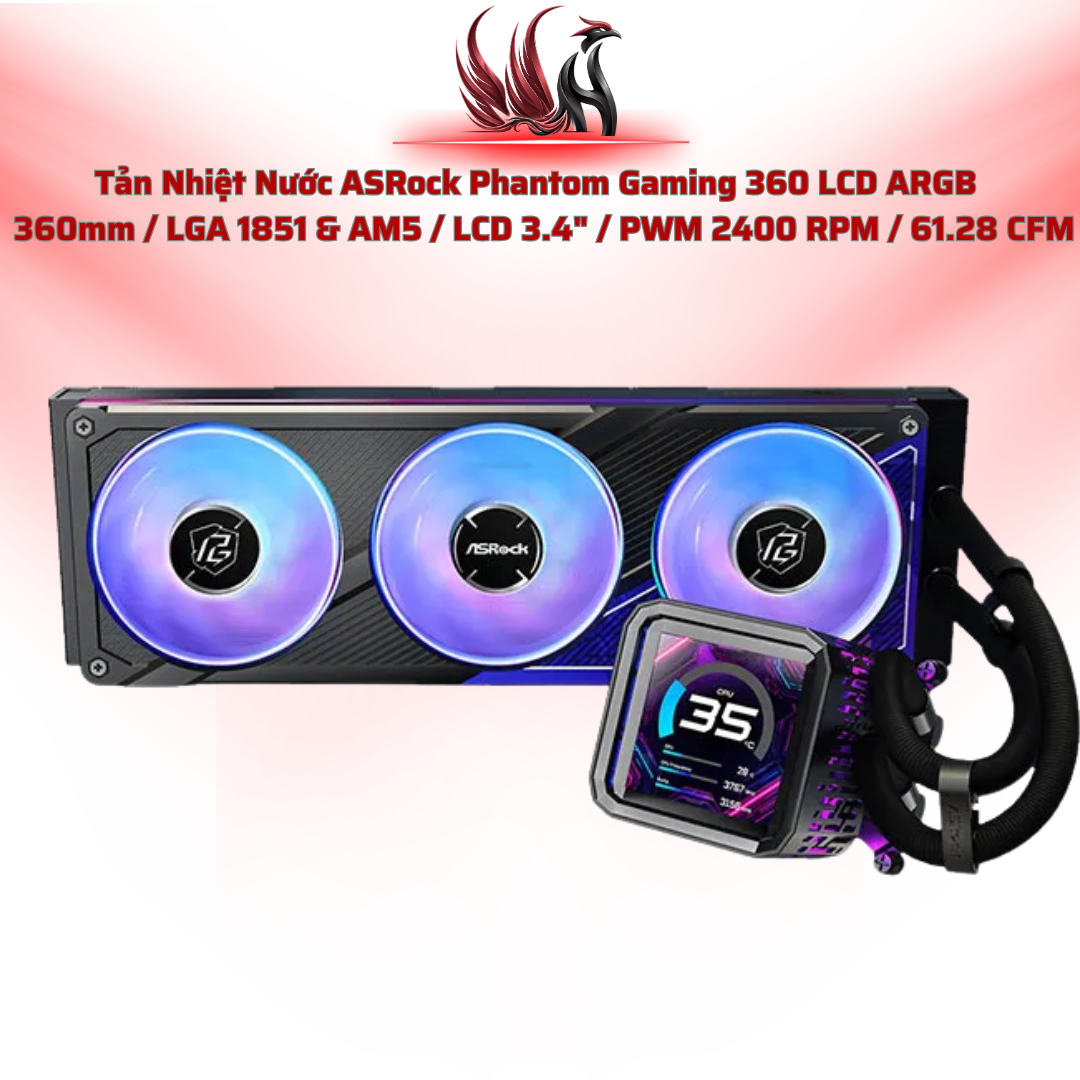 Tản Nhiệt Nước ASRock Phantom Gaming 360 LCD ARGB – AIO 360mm Màn Hình LCD Cao Cấp | HOCO STORE PC