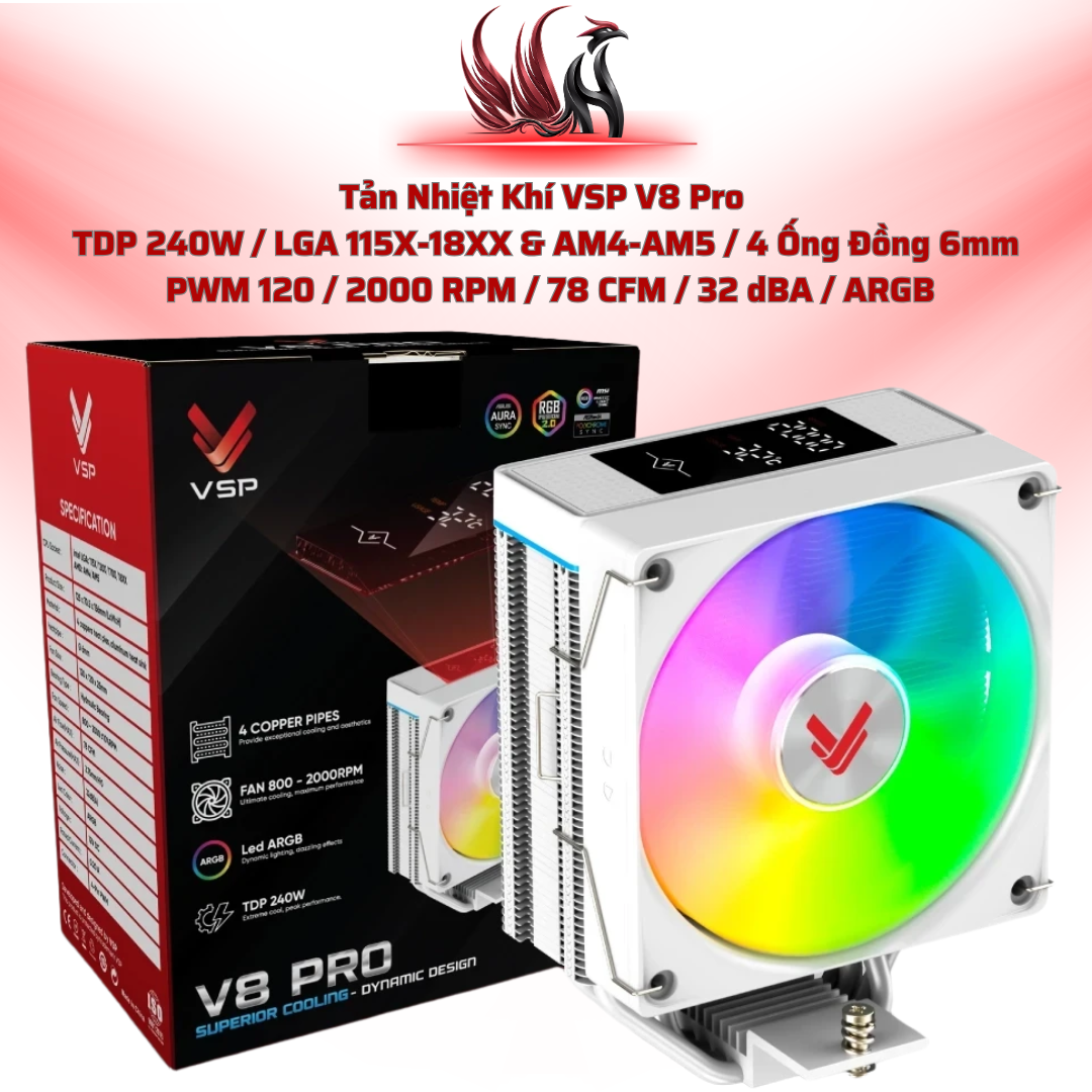 Tản Nhiệt Khí VSP V8 Pro White ARGB – LED Monitor, 4 Heatpipes, TDP 240W Cho White Build | HOCO STORE PC