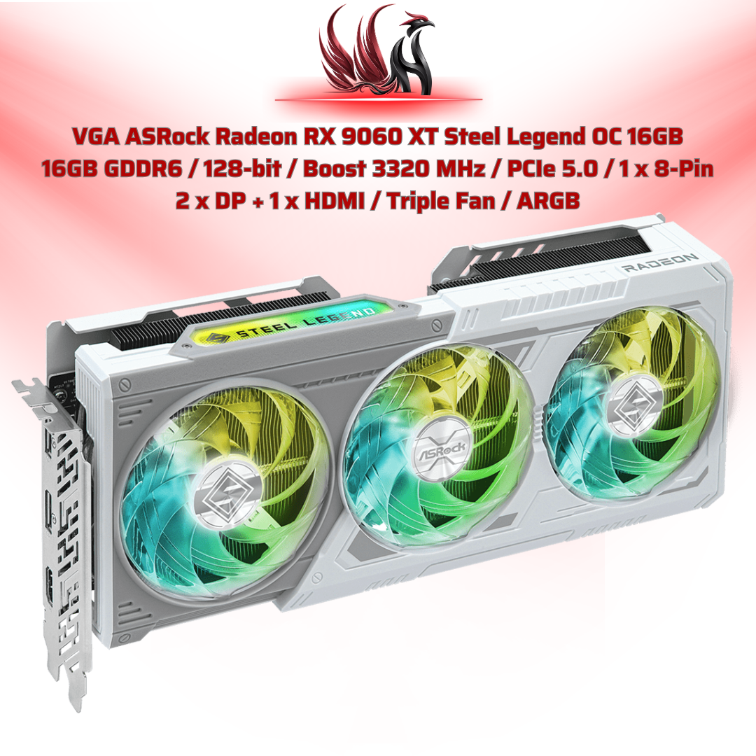 VGA ASRock Radeon RX 9070 XT Steel Legend 16GB  16GB GDDR6 / 256-bit / Boost 2970 MHz / PCIe 5.0 / 2 x 8-Pin  3 x DP + 1 x HDMI / Triple Fan| HOCO STORE PC