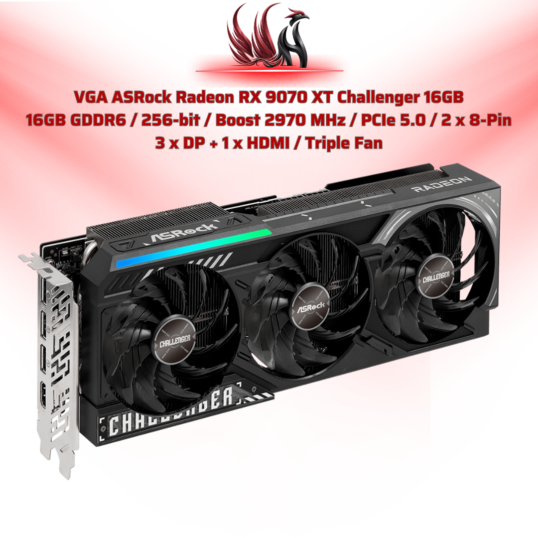 VGA ASRock Radeon RX 9070 XT Challenger 16GB  16GB GDDR6 / 256-bit / Boost 2970 MHz / PCIe 5.0 / 2 x 8-Pin  3 x DP + 1 x HDMI / Triple Fan | HOCO STORE PC
