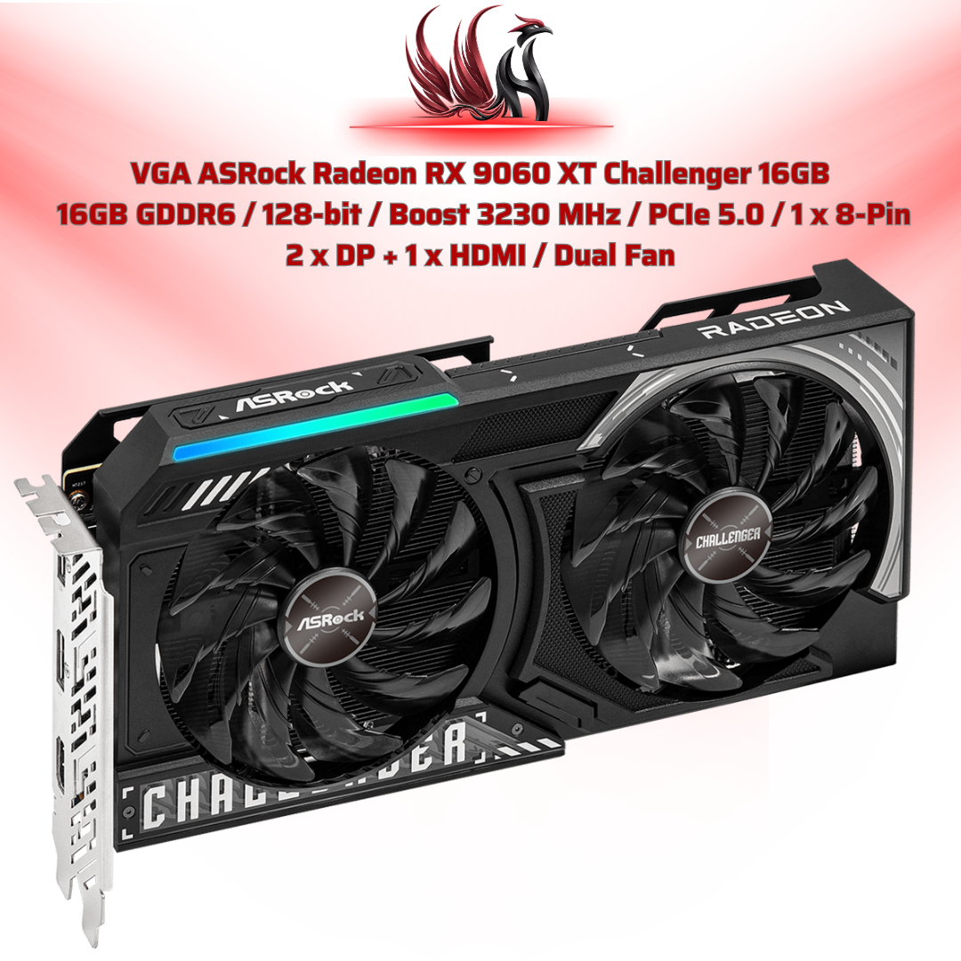 VGA ASRock Radeon RX 9060 XT Challenger 16GB  16GB GDDR6 / 128-bit / Boost 3230 MHz / PCIe 5.0 / 1 x 8-Pin 2 x DP + 1 x HDMI / Dual Fan | HOCO STORE PC