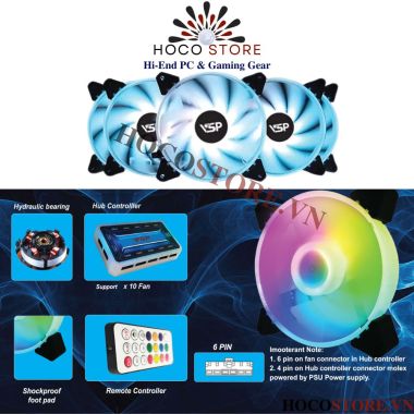 Bộ 5 Fan V209C LED RGB Tặng Kèm (1 hup/ 1 remote/ 5c Fan) - Hoco Store PC