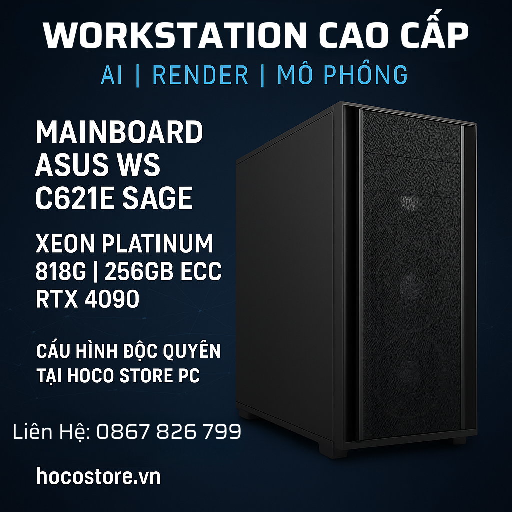 Workstation cao cấp ASUS WS C621E Sage + RTX 4090 – Cấu hình chuyên sâu cho AI, Render, Mô phỏng