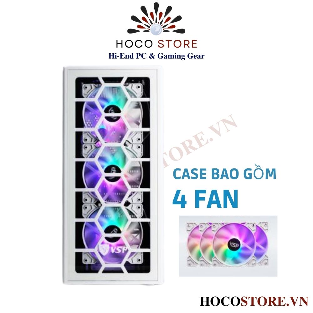 Vỏ Case Máy Tính Gaming VSP FA05 - Màu Trắng Mặt Lưới Tổ Ong (Kèm 4 Fan LED) l Hoco Store PC