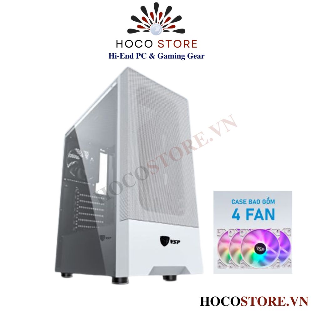 Vỏ Máy Tính Gaming Case VSP FA06 - Màu Trắng Mặt Lưới Và Cửa Hông (Kèm 4 Fan LED) l Hoco Store PC