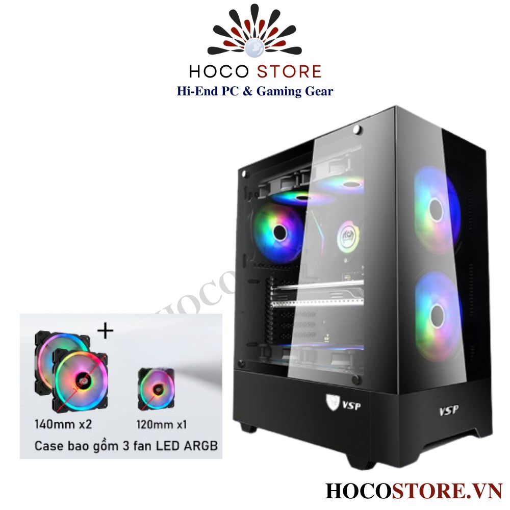 Vỏ Case Máy Tính Gaming VSP HQ50 – Màu Đen Kèm 3 Fan LED ARGB l Hoco Store PC