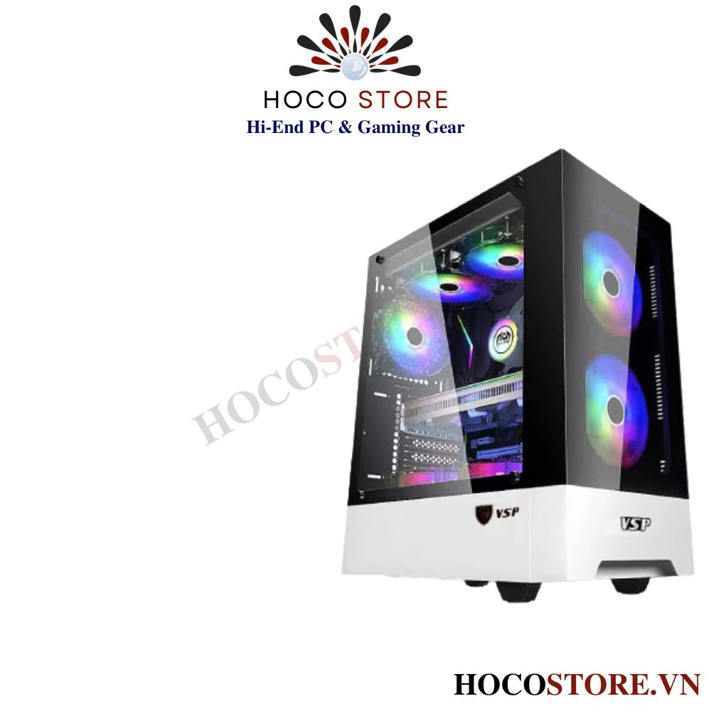 Vỏ Case Máy Tính Gaming VSP HQ50 – Trắng Kèm 3 Fan LED ARGB l Hoco Store PC