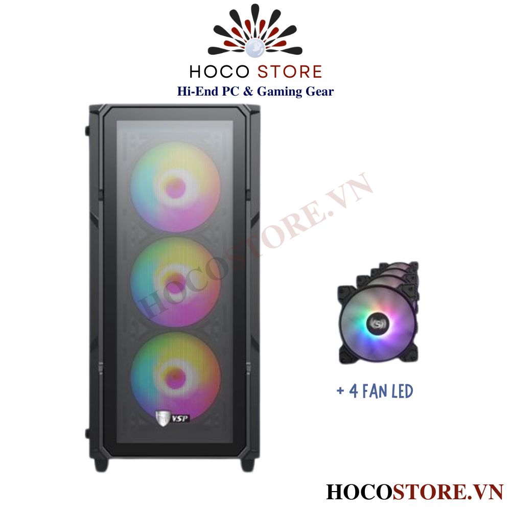 Vỏ Case Máy Tính Gaming VSP KA27 - Màu Đen Có 2 Mặt Kính Và Kèm 4 Fan LED | Hoco Store PC