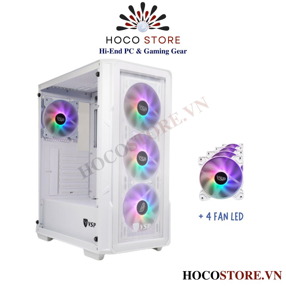 Vỏ Case Máy Tính Gaming VSP KA27 - Màu Trắng có 2 mặt kính kèm 4 Fan Led Hoco Store PC