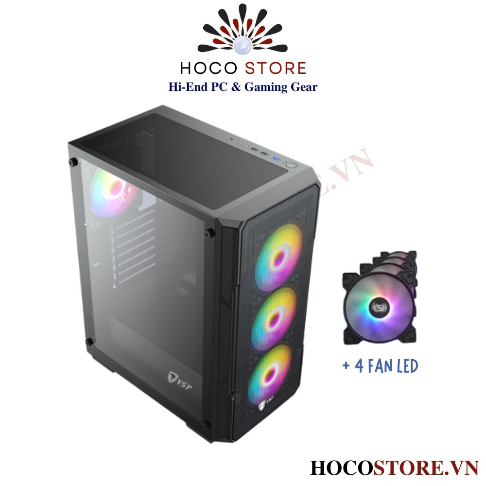 Vỏ Case Máy Tính Gaming VSP KA28 - Màu Đen Kèm 4 Fan LED l Hoco Store PC