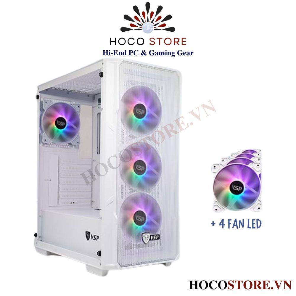 Vỏ Case Máy Tính Gaming VSP KA28 - Màu Trắng Kèm 4 Fan LED l Hoco Store PC