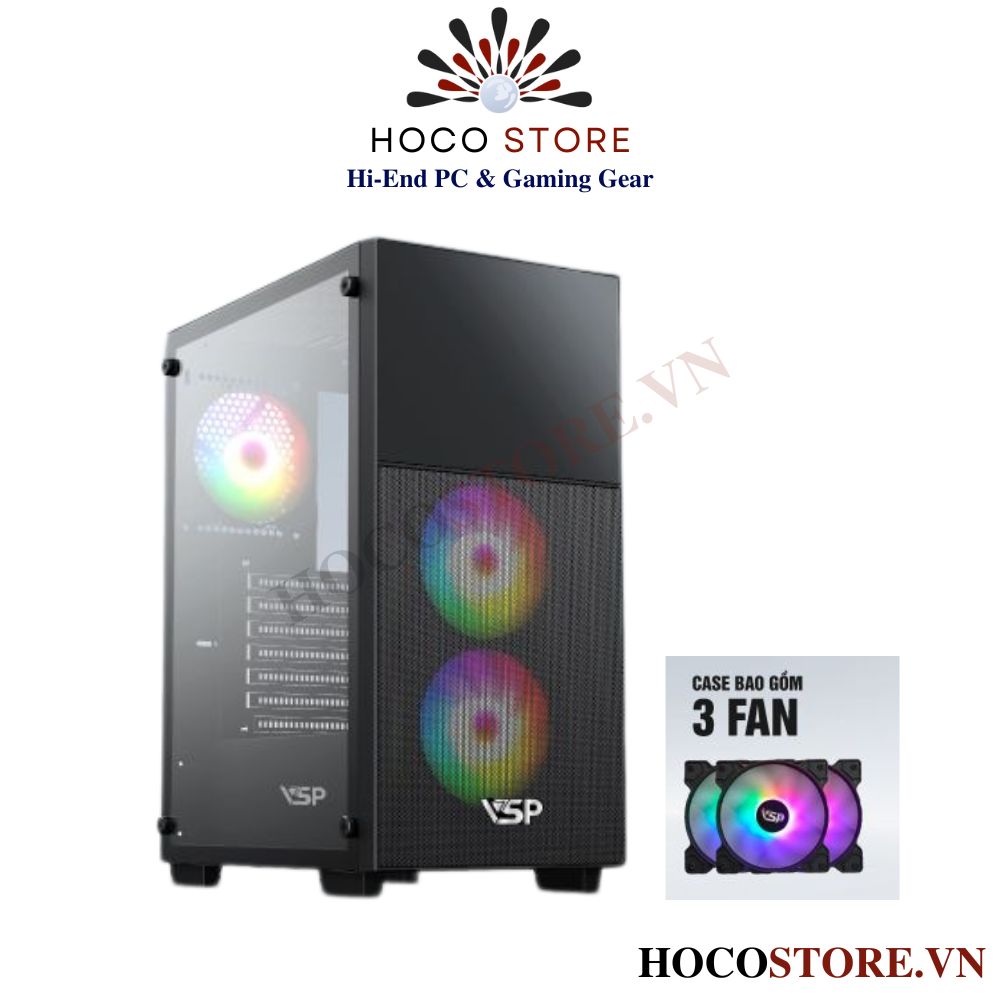 Vỏ Case Máy Tính Gaming VSP KA34 - Màu Đen Kèm 3 Fan LED | Hoco Store PC