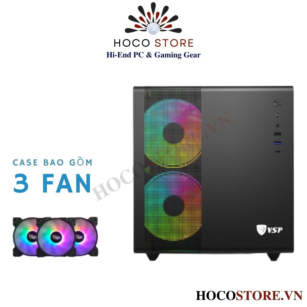 Vỏ Case Máy Tính Gaming VSP V300 Màu Đen - Kèm 3 Fan Led l Hoco Store PC