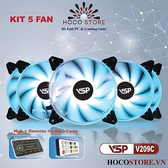 Bộ 5 Fan V209C LED RGB Tặng Kèm (1 hup/ 1 remote/ 5c Fan) - Hoco Store PC