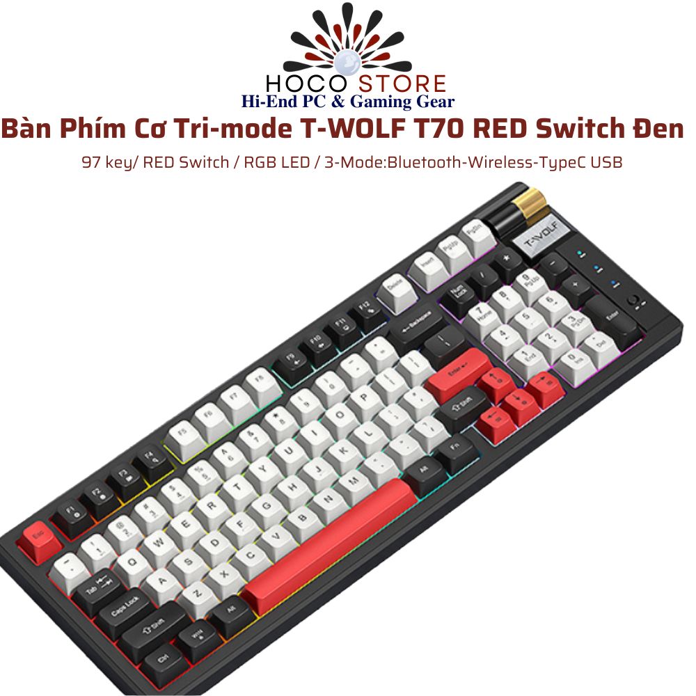 Bàn phím cơ không dây T-WOLF T70 RED Switch màu đen