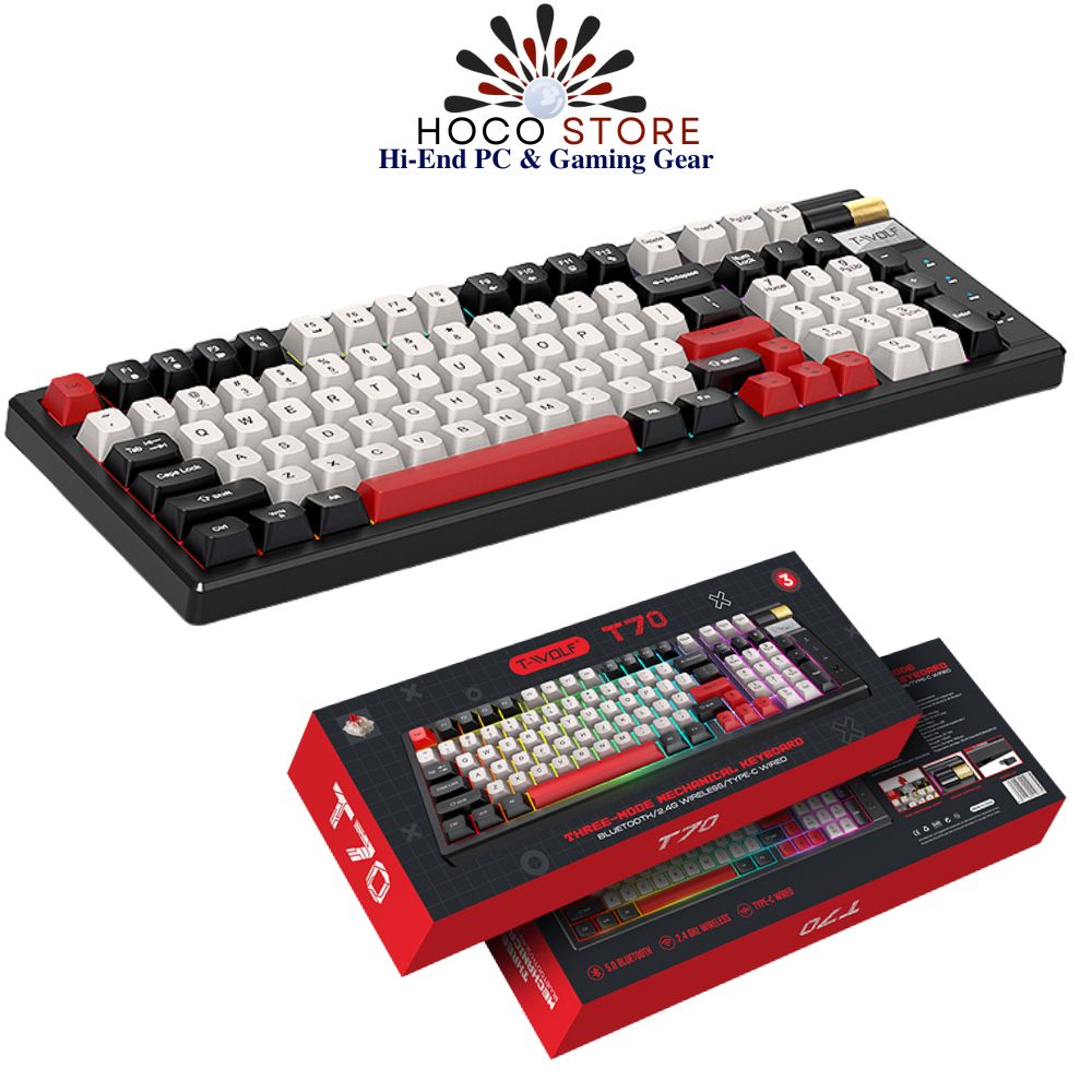 Bàn phím cơ không dây T-WOLF T70 RED Switch màu đen