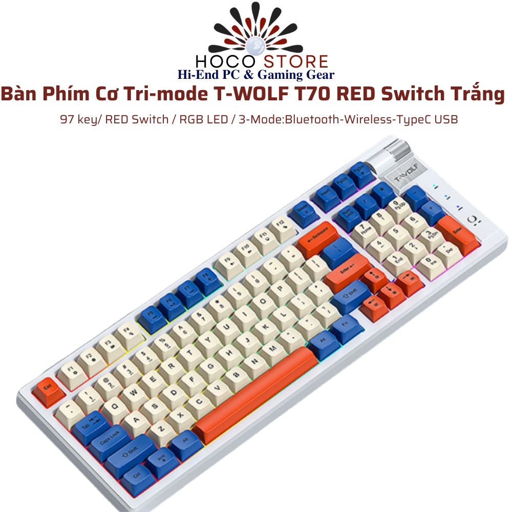 Bàn Phím Cơ Tri-mode T-WOLF T70 RED Switch Trắng