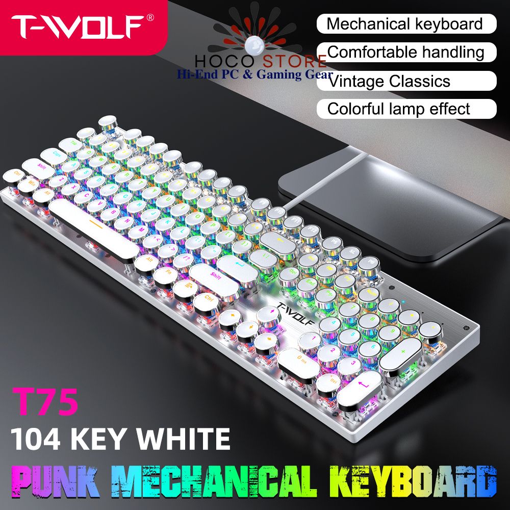 Bàn Phím Cơ Punk Mạ Điện 104 key T-WOLF T75 Trắng Blue Switch
